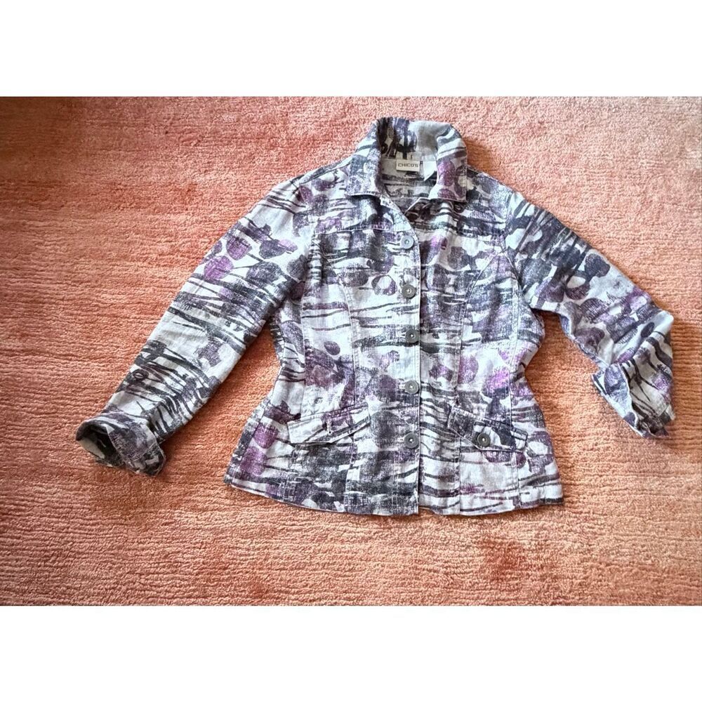 Chico's Abstract Print Blazer in Purple, Gray & White SIZE 0 Excellent Condition
